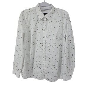 Talbots Top‎ Womens LP Button Down White Star Print Cotton Long Sleeve
